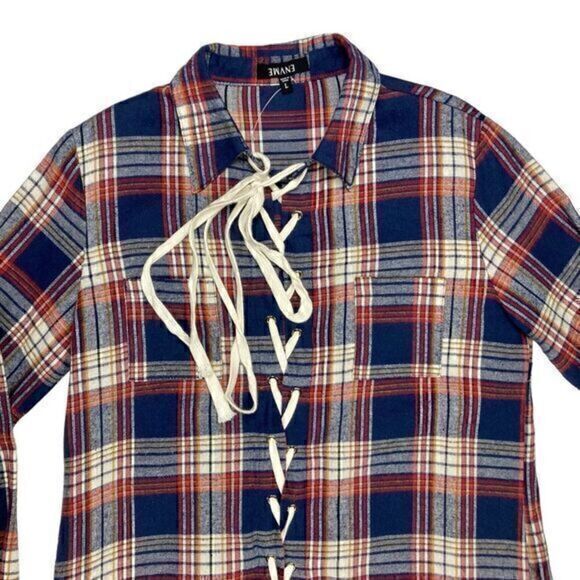 ENVME Long Tunic Flannel Dress Womens Sz Large Red Blue Plaid Lace Up NEW - Picture 2 of 14